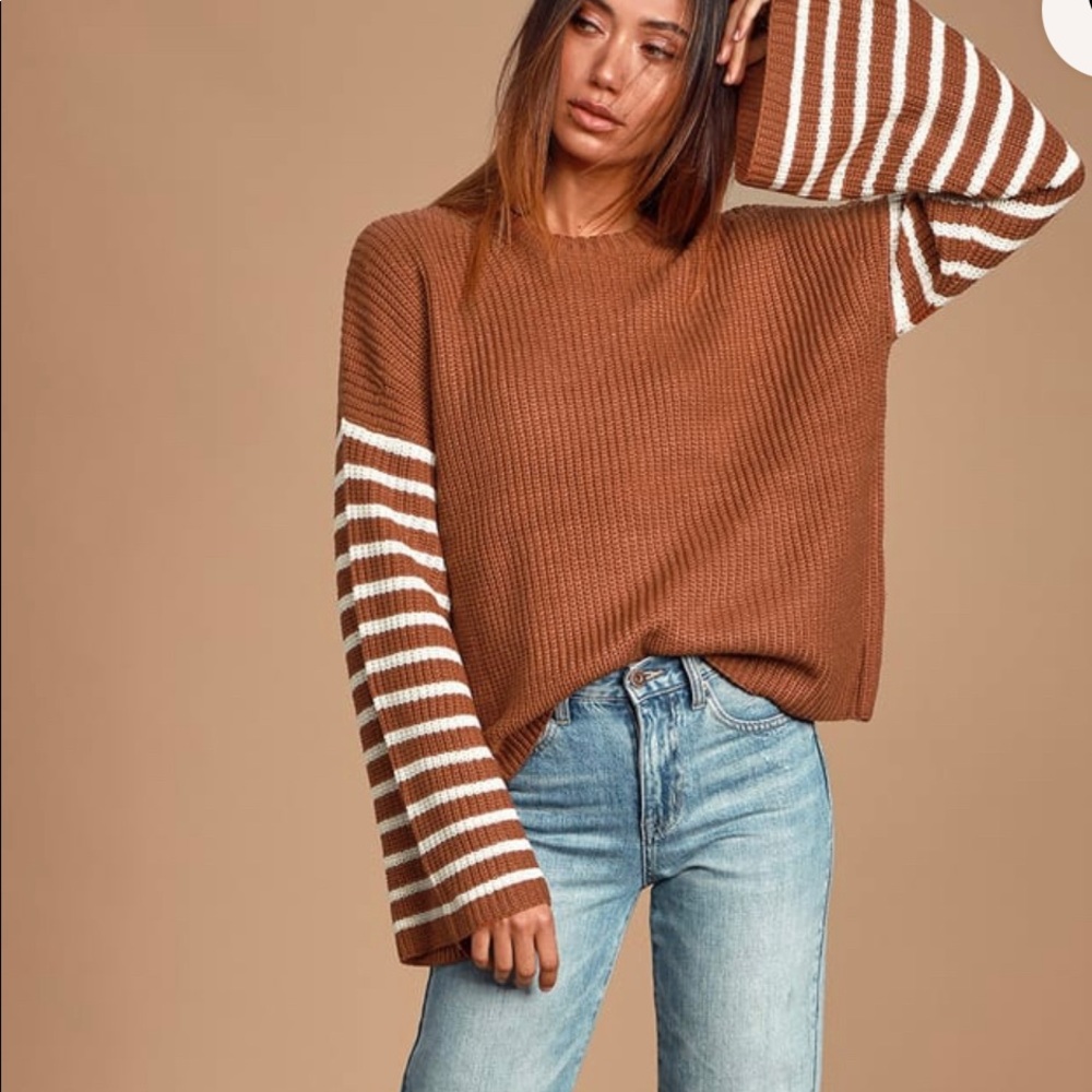 Lush NWOT Feeling Great Rust Brown Striped Bell Sleeve Sweater- M